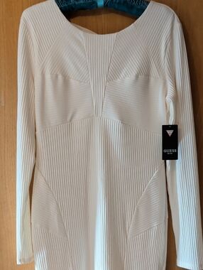 Guess Cream Ribbed Long Sleeve Bodycon Dress